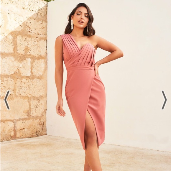 Stunning One Shoulder Pleated Midi Dress in Dusty Rose - Picture 1 of 8